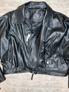 Black Faux Leather Biker Jacket with Belt